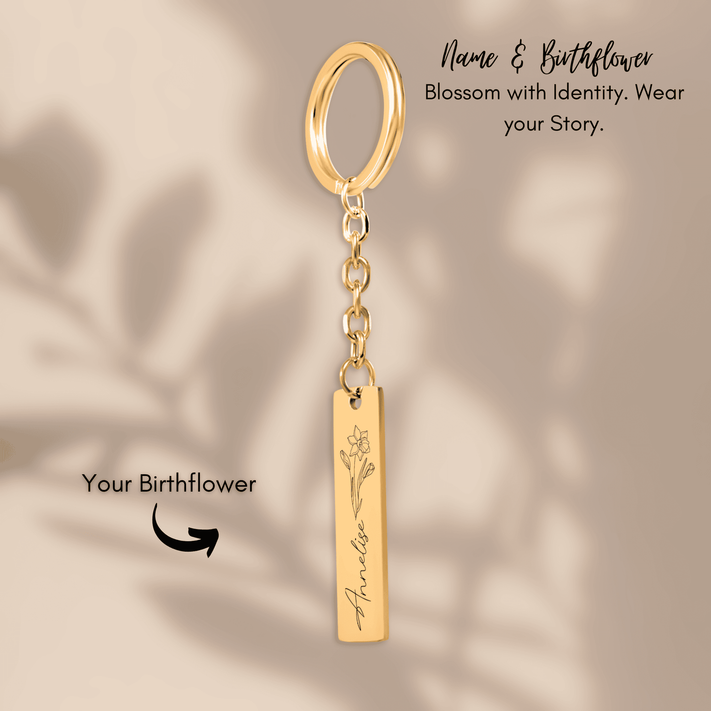 OWNPRINT Name & Birthflower Vertical Bar Keychain